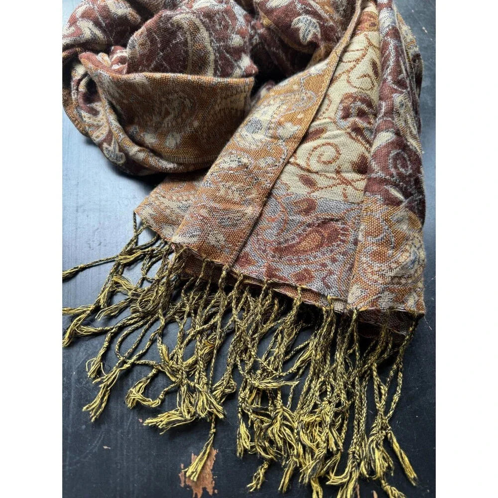 Pashmina Silk Blend Shawl or Wrap, Paisley Brown Tan Gold, Fringe ~28x70
